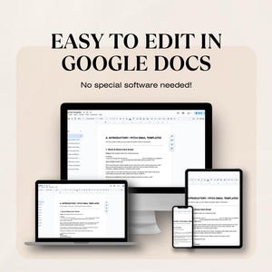 K&ouml;nnte beinhalten: Eine digitale Marketingvorlage, die auf einem Laptop, Desktop-Computer, Tablet und Smartphone angezeigt wird. Der Text "EASY TO EDIT IN GOOGLE DOCS" und "No special software needed!" werden oben im Bild angezeigt.