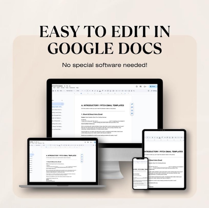 K&ouml;nnte beinhalten: Eine digitale Marketingvorlage, die auf einem Laptop, Desktop-Computer, Tablet und Smartphone angezeigt wird. Der Text "EASY TO EDIT IN GOOGLE DOCS" und "No special software needed!" werden oben im Bild angezeigt.