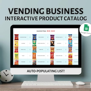 Modèle interactif de catalogue de produits de distributeurs automatiques | Liens rapides pour une navigation facile et une liste à remplissage automatique | Téléchargement numérique pour les entreprises