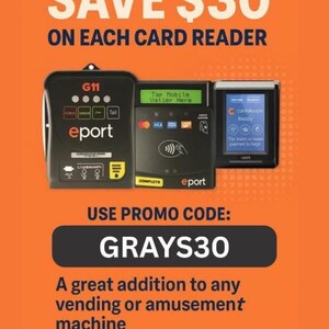 K&ouml;nnte beinhalten: Orangene Werbegrafik mit dem Text &bdquo;SPAREN SIE 30 $ AUF JEDES KARTENLESER&ldquo;. Drei schwarze eport-Kartenleser werden angezeigt. Der Text &bdquo;GUTSCHEINCODE VERWENDEN: GRAYS30&ldquo; wird ebenfalls angezeigt. Der Text &bdquo;Eine gro&szlig;artige Erg&auml;nzung f&uuml;r jeden Verkaufs- oder Spielautomaten&ldquo; ist enthalten.