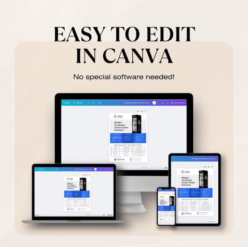 K&ouml;nnte beinhalten: Eine digitale Marketingvorlage, die auf einem Laptop, Desktop-Computer, Tablet und Smartphone angezeigt wird. Die Vorlage zeigt ein blaues und wei&szlig;es Design mit dem Text "Modern Vending & Smart-Cooler Solutions." Der Text "EASY TO EDIT IN CANVA" steht oben.