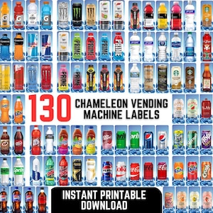 Könnte beinhalten: Ein digitaler Druck mit 130 Etiketten für Getränkeautomaten für verschiedene Getränke, darunter Energy-Drinks, Limonaden und Wasserflaschen. Die Etiketten sind in Reihen und Spalten angeordnet, mit dem Text "Chameleon Vending Machine Labels" und "Instant Printable Download".