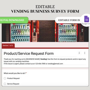 Editable Google Survey Form | Customizable Vending Machine Product Request & Service Inquiry Template for Customer Feedback and Restocking