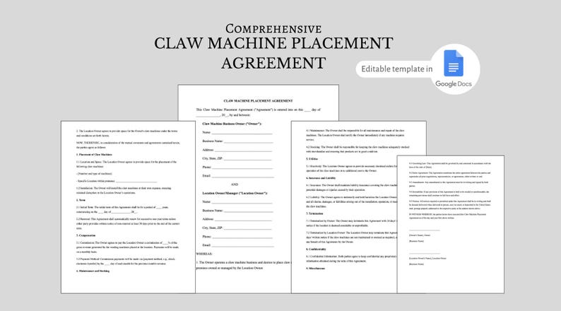 Claw Machine Placement Contract Template: Editable Business Agreement ...