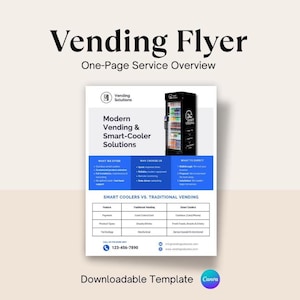 K&ouml;nnte beinhalten: Ein wei&szlig;er Flyer mit dem Titel "Vending Flyer: One-Page Service Overview". Er informiert &uuml;ber moderne Verkaufs- und Smart-Cooler-L&ouml;sungen, mit einer Vergleichstabelle und Kontaktinformationen. Das Design beinhaltet eine Grafik eines Verkaufsautomaten.