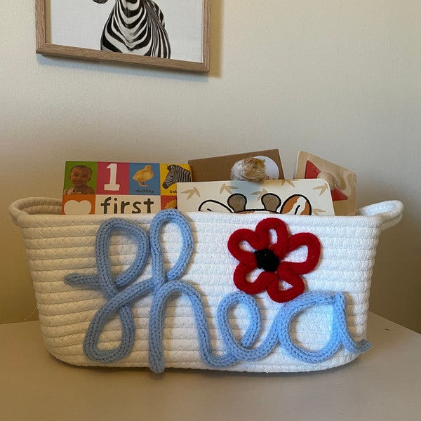 Personalized Gift Basket with flower, Easter Basket, Customized Rope Name Basket, Monogram Gift, Baby Girl Gift, Toy Name Basket, Dog Gift