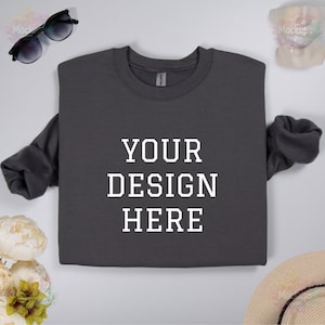 Gildan 18000 Charcoal sweatshirt folded mockup, Charcoal Gildan 18000 front sweatshirt flat lay mockup, Real photo Gildan 18000 Charcoal