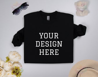 Gildan 18000 Black sweatshirt folded mockup, Black Gildan 18000 front folded sweatshirt flat lay mockup, Real photo Gildan 18000 Black mock