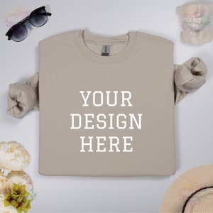 Gildan 18000 Sand sweatshirt folded mockup, Sand Gildan 18000 front folded sweatshirt flat lay mockup, Real photo Gildan 18000 Sand mock up