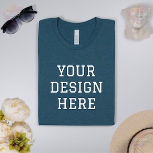 Bella Canvas 3001 Heather Deep Teal tshirt mockup, Heather Deep Teal Bella Canvas 3001 t shirt flat lay mock up, Bella Canvas t-shirt mockup