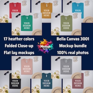 Bella Canvas 3001 T-shirt Heather Colors Mockup Bundle, Bella Canvas Flatlay T-shirt Mock Up Bundle, Bella Canvas 3001 folded Tshirt Mockups