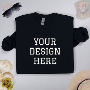 Gildan 18000 Navy sweatshirt folded mockup, Navy Gildan 18000 front folded sweatshirt flat lay mockup, Real photo Gildan 18000 Navy mockup