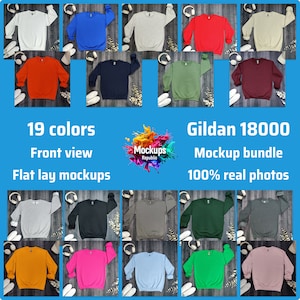 Gildan 18000 Sweatshirt Mockup Bundle, G180 Crewneck Mock-up Bundle, Flat Lay Wooden BG Mockup, Neutral Casual Simple Gildan 18000 Mock up