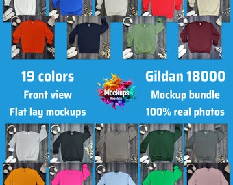 Lot de maquettes de sweatshirt Gildan 18000, lot de maquettes de sweat-shirt G180 ras du cou, maquette BG en bois à plat, neutre décontracté simple, maquette Gildan 18000