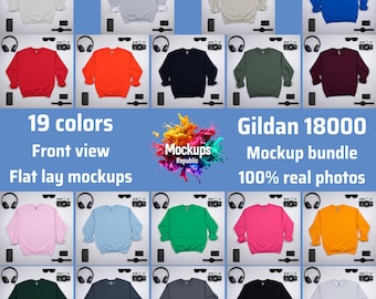Lot de maquettes de sweatshirt Gildan 18000, lot de maquettes de sweat-shirt G180 ras du cou, maquette BG blanche à plat, maquette décontractée neutre simple Gildan 18000