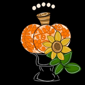 May include: A digital illustration of a pumpkin with orange floral designs and a sunflower. The pumpkin sits on a decorative stand, with a brown stem and white dots above. The sunflower has yellow petals and green leaves.