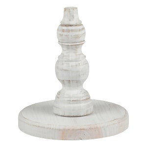 May include: White wooden pedestal with a round base and a turned top. The pedestal is distressed and has a rustic look.