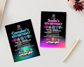 May include: Two black birthday party invitations with colorful text. One says "Camden's 8th Birthday Party" and the other says "Sadie's 8th Birthday Party". Both include event details and the Urban Air Adventure Park logo.