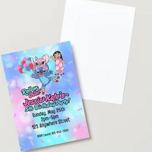 Invitation d'anniversaire de patinage à roulettes Stitch, fête, enfants, filles, lilo, point, patin à roulettes, invitation de patin à roues alignées