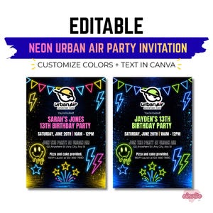 Może przedstawiać: Dwa edytowalne zaproszenia na przyjęcie w stylu neonowym z logo Urban Air Adventure Park, kolorowymi chorągiewkami, błyskawicami, gwiazdkami i topniejącą buźką. Tekst zawiera szczegóły 13. urodzin Sary i Jaydena.