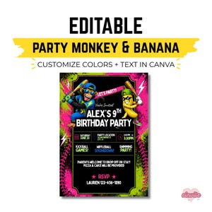 May include: A birthday party invitation template featuring a cartoon monkey and banana wearing sunglasses and baseball caps. The design includes neon pink and green accents, baseball imagery, and text reading ALEX'S 9TH BIRTHDAY PARTY with event details.
