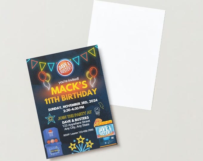 Dave and Busters Party, Neon Birthday Invitation Fun Party, Arcade