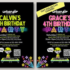 May include: Two black and neon green birthday party invitations for a 4th birthday party at Urban Air Adventure Park. The invitations feature a cartoon character jumping on a trampoline. The text color can be changed.
