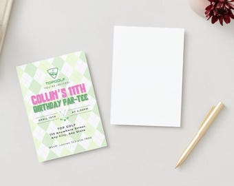 May include: A green and white invitation with a golf theme. The invitation says "Collin's 11th Birthday Par-Tee" with a golf club and ball graphic. The invitation includes the date, time, location, and RSVP information.