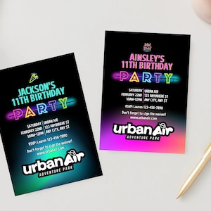 Bewerkbaar blauw of roze neon Urban Air, Jump Party, Air Party, kinderfeestje, verjaardagsuitnodiging, trampolinepark