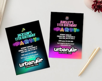 Editable Blue or Pink Neon Urban Air, Jump Party, Air Party, kid party, Birthday invitation, Trampoline Park
