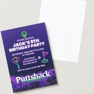 May include: A purple and neon green birthday party invitation for Jack's 9th birthday party at Puttshack on 11th January 2025 at 10:30 AM. The invitation features a neon green golf club and ball, a neon green and purple grid pattern, and the text "YOU'RE INVITED! JACK'S 9TH BIRTHDAY PARTY" in white.