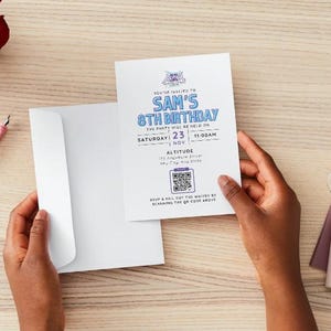 May include: A blue and white birthday invitation for Sam's 8th birthday party. The party is on Saturday, November 23rd at 11:00 AM at Altitude, 123 Anywhere Street, Any City, Any State. The invitation includes a QR code to RSVP and fill out a waiver.