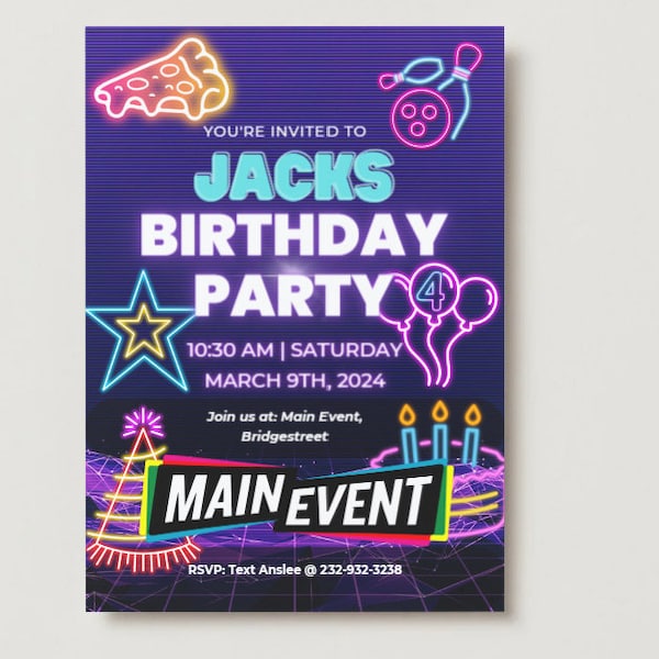 Neon verjaardagsfeestje uitnodiging, Main Event Party, Bowling Party, Arcade Party, kinderfeestje, verjaardagsuitnodiging