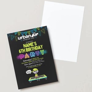 May include: A black invitation for a 6th birthday party at Urban Air Adventure Park. The invitation includes the name, date, time, and location. A cartoon character is shown on a trampoline. A blank white card is next to the invitation.