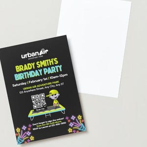 Puede incluir: Invitación a una fiesta de cumpleaños en blanco y negro con un personaje de dibujos animados en un trampolín. La invitación incluye el texto "Brady Smith's Birthday Party", "Saturday | February 1st | 10am-12pm", "Urban Air Adventure Park", "123 Anywhere Street, Any City, Any ST", "Scan me", "Don't forget to sign the waiver! Scan the QR code above", and "RSVP to Lauren at 123-456-7890".