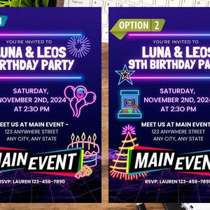 Pode incluir: Dois convites de festa de aniversário em cores neon com um tema de videogame retrô. Os convites são para a festa de aniversário de Luna e Leo. O texto nos convites diz "You're invited to Luna & Leo's Birthday Party" e "You're invited to Luna & Leo's 9th Birthday Party". Os convites também incluem a data, a hora e o local da festa.