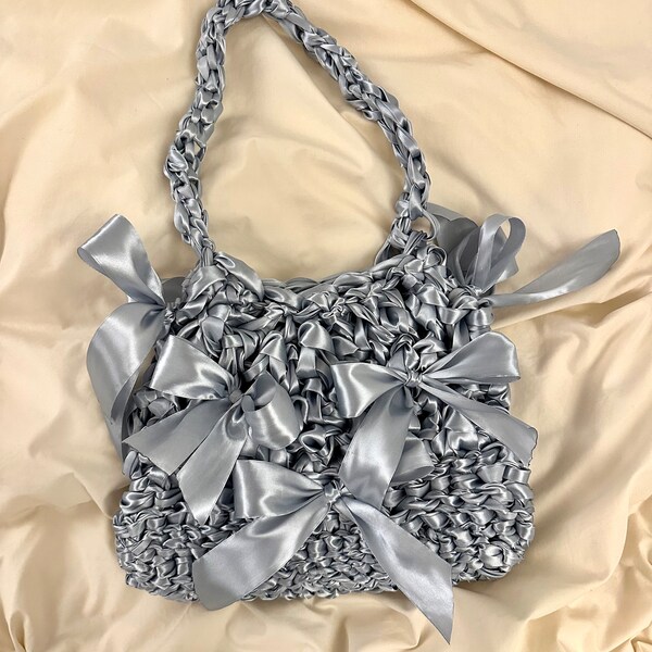 Satin ribbon crochet bow bag