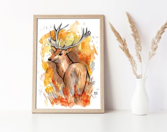 Pen & Ink and Watercolor Deer wall art print