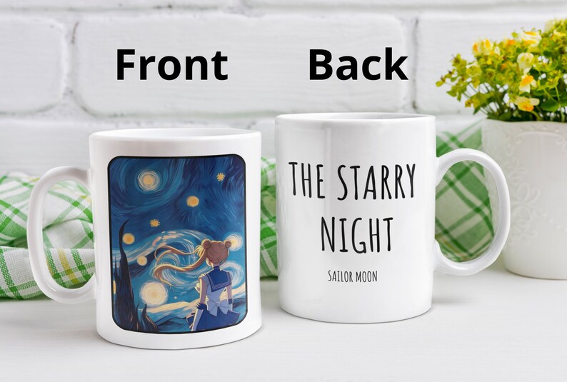 May include: White ceramic mug with a blue and yellow starry night design featuring a cartoon character. The back of the mug reads "The Starry Night Sailor Moon".