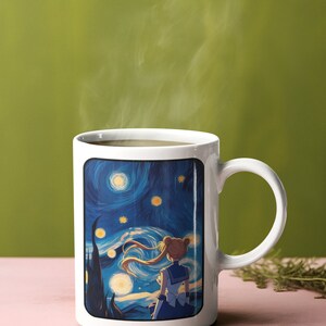 May include: White ceramic mug with a colorful image of a cartoon character standing in front of a starry night sky. The mug has a black rim and handle.
