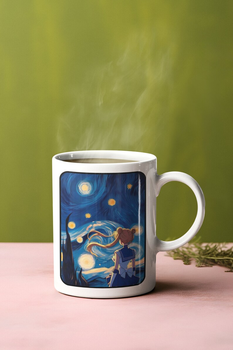 May include: White ceramic mug with a colorful image of a cartoon character standing in front of a starry night sky. The mug has a black rim and handle.