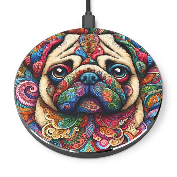 Artsy Pug Dog Wireless Charger Portable Reliable Induction Protocol Efficient Flow Android iPhone Cell Phones Fast Power Device Artisan Home