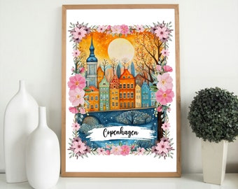 Copenhagen City Poster, City Print Copenhagen, Copenhagen Illustration, Colorful Travel Print, Famous Places Poster, Copenhagen Wall Art