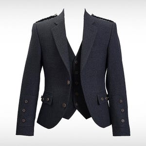 Veste kilt et gilet en laine gris anthracite | Veste de mariage écossaise pour homme | Vêtements de cérémonie des Highlands | Ensemble 100 % laine
