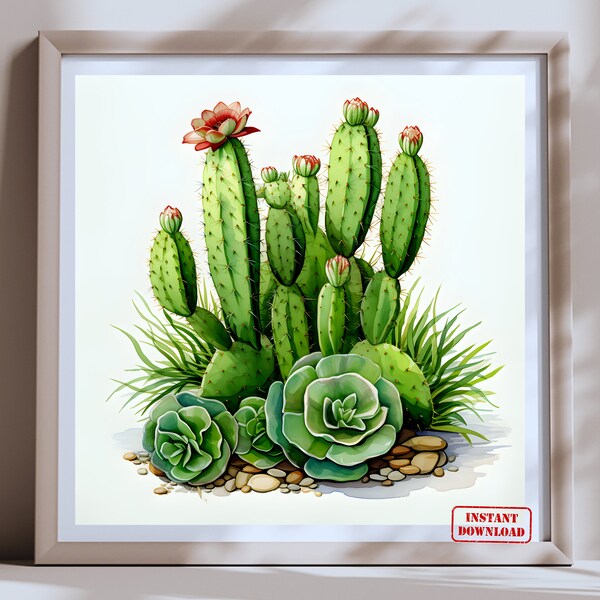 Prickly Elegance: A Cactus Symphony - Succulent Decor, Nature Inspired Art, Desert Landscape, Plant Illustration.