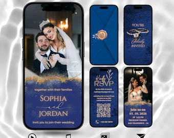 Royal Blue Animated Wedding Invitation Video with Photo and RSVP, Elegant Digital Canva Template