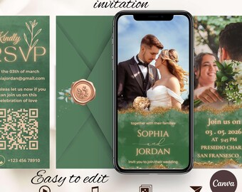 Animated Wedding Invitation Video Sage and Gold , Online Wedding Invite With RSVP ( Editable  Template)