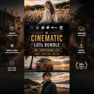 Puede incluir: Un paquete digital de más de 100 LUTs cinematográficas profesionales con el texto CINEMATIC LUTS BUNDLE, 100+ PROFESSIONAL LUTS, SLOG3, APPLE LOG, REC.709, MULTIPLE CINEMATIC LOOKS, MOODY & BRIGHT GOLD & BOHO PRESETS, COMPATIBLE WIDE RANGE, INSTANT DOWNLOAD, EASY TO USE DRAG & DROP.