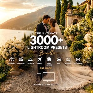 Könnte beinhalten: Eine digitale Produktwerbung mit einem Paar in Hochzeitskleidung und dem Text THE ULTIMATE 3000+ LIGHTROOM PRESETS BUNDLE. Symbole stehen für Kategorien wie Hochzeit, Kino, Outdoor, Reisen, Immobilien, Auto, Fujifilm und Kodak Film.