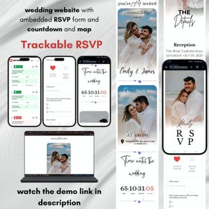 Könnte beinhalten: Ein digitales Hochzeitswebsite-Design mit RSVP-Formularen, Countdown-Timern und Karten. Das Design umfasst Handy- und Laptop-Mockups mit dem Text "Trackable RSVP" und "watch the demo link in description."